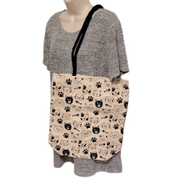 TOTE BAG Kitty Cats Canvas Reusable Shoulder Bag Cream Black Halloween - Picture 2 of 11